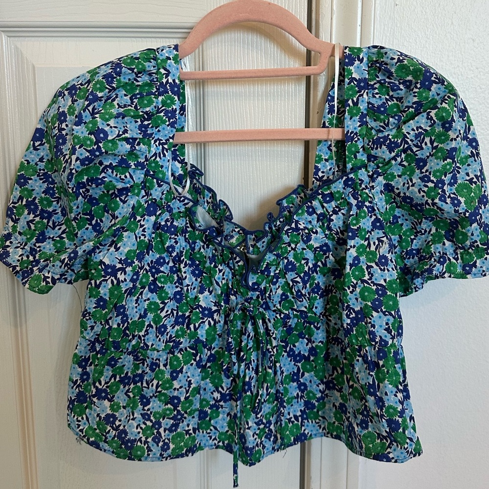 blue and green flower puff sleeve zara top